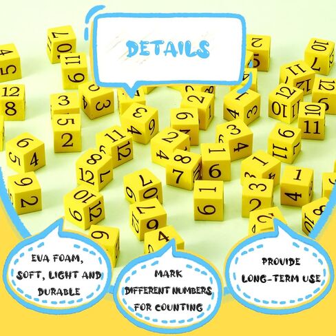 50 Pcs Foam Numbered Dice Number Foam Dice 0.75 Inch Soft Foam Cubes for Kids Math Educational and Learning Activities Preschool Early Development Party Gift, Yellow Numbers 1-6 and Blue Numbers 7-12 in Saudi Arabia