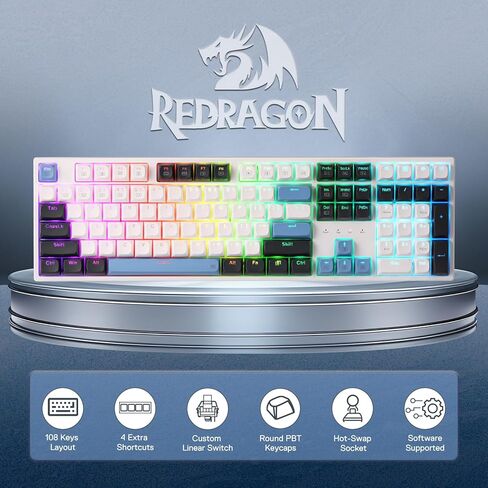 ريدراجون كيبورد ميكانيكي K668، RGB، سلكية، مفاتيح حمراء، ابيض، الوان متعددة in Kuwait