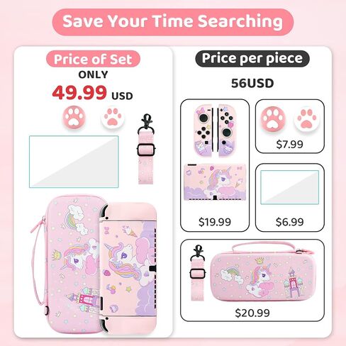 FUNDIARY Pink Carrying Case Set with Strawberry Pattern for Nintendo Switch OLED, Cute Storage Bag for Switch OLED with Soft TPU Case, Screen Protector, Adjustable Shoulder Strap and 2 Thumb Caps in Saudi Arabia