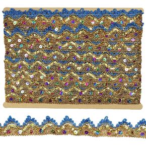 Long 14 Yard Wide 35mm/1.37inch Blue Gold with Gold Sequins lace Trim Decorated Gimp Trim Craft Ribbon for DIY Craft Sewing Fabric, Crafts and Sewing（Blue Gold with Gold Sequins) in Saudi Arabia