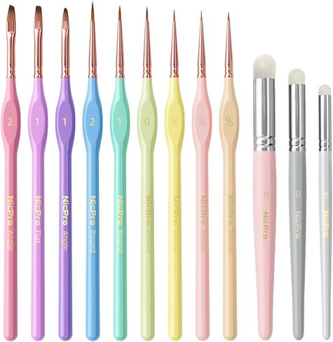 Nicpro 10PCS Micro Fine Detail Paint Brush Set, Macaron Pastel Small Miniature Fine Tip Detail Brushes Kit for Acrylic Oil Watercolor, Craft, Models, Rock Painting, Paint by Number in Kuwait