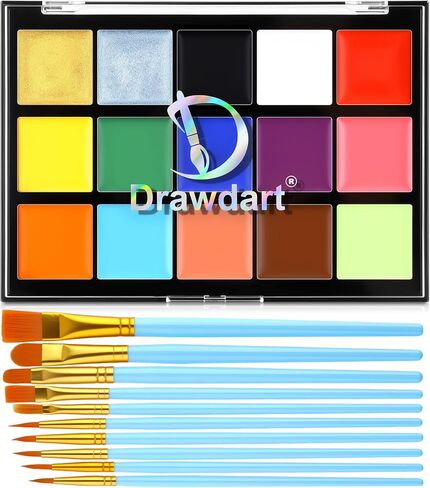 Drawdart 18 Color Professional Face Body Paint Kit| 15+3 Colors Face Painting Palette with 10 Artist Brushes & 2 Sponges, Facepaint Makeup Kit Ideal for Halloween SFX Cosplay Costume Makeup in Saudi Arabia