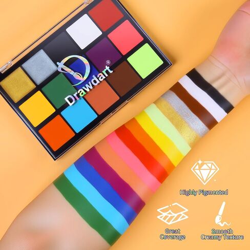 Drawdart 18 Color Professional Face Body Paint Kit| 15+3 Colors Face Painting Palette with 10 Artist Brushes & 2 Sponges, Facepaint Makeup Kit Ideal for Halloween SFX Cosplay Costume Makeup in Saudi Arabia