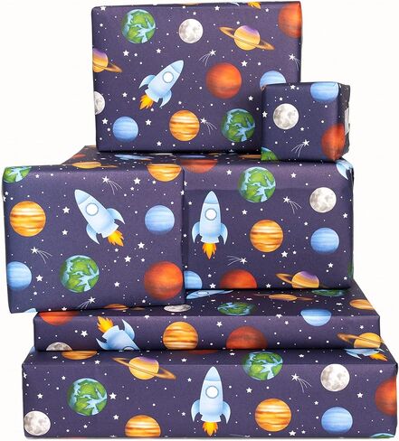 CENTRAL 23 Galaxy Wrapping Paper - 6 Sheets of Birthday Gift Wrap - Space Wrapping Paper - Blue Black - Recyclable - For Birthday Christmas Halloween Thanksgiving in Kuwait