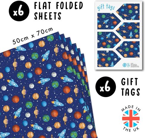 CENTRAL 23 Galaxy Wrapping Paper - 6 Sheets of Birthday Gift Wrap - Space Wrapping Paper - Blue Black - Recyclable - For Birthday Christmas Halloween Thanksgiving in Kuwait