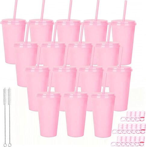 Plastic Party Cups, 24 Oz Tumblers with Lids and Straws, Reusable Drink Cups in Bulk, for Travel and Iced Coffee,Cold Drink, 16 Pack(16, Rainbow) in Saudi Arabia