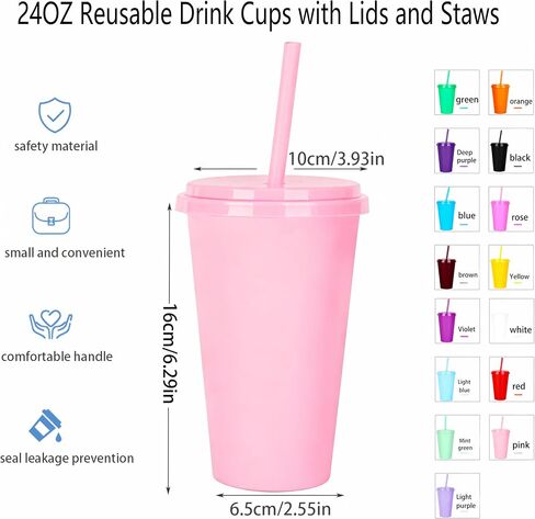 Plastic Party Cups, 24 Oz Tumblers with Lids and Straws, Reusable Drink Cups in Bulk, for Travel and Iced Coffee,Cold Drink, 16 Pack(16, Rainbow) in Saudi Arabia