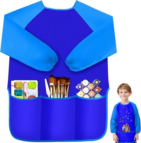 IKAYAS Kids Art Smock، سموك للأطفال مقاومة للماء بأكمام طويلة، سموك فنية للأطفال 3-5، أزرق للأطفال يرسم سموك فنان طفل صغير سموك للمنزل، رياض الأطفال، لوازم الرسم بالمدرسة الابتدائية 3 جيوب in Saudi Arabia