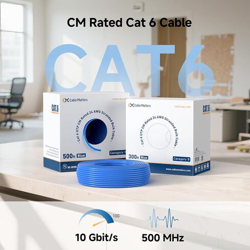 Cable Matters مدرج في قائمة UL 24 AWG، كابل إيثرنت نحاسي عاري Cat 6 بطول 500 قدم، تصنيف CM، UTP، أزرق (كابل Cat 6 بطول 500 قدم، بكرة Cat6، مجموعة كابل إيثرنت) in Kuwait