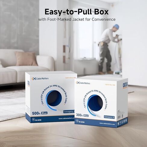 Cable Matters مدرج في قائمة UL 24 AWG، كابل إيثرنت نحاسي عاري Cat 6 بطول 500 قدم، تصنيف CM، UTP، أزرق (كابل Cat 6 بطول 500 قدم، بكرة Cat6، مجموعة كابل إيثرنت) in Kuwait