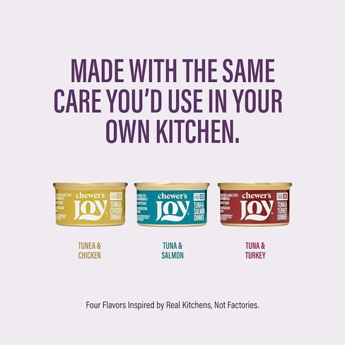 Chewer's Joy Wet Cat Food Food Pack - 3 نكهات: سمك التونة والسلمون ، الدجاج والديك الرومي - Pâté الطبيعي - البروتين العالي - خالية من الحبوب - التغذية الكاملة والمتوازنة - 12 علب (3 أوقية) in Kuwait