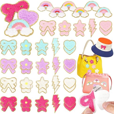 بقع تشنيل ذاتية اللصق لأكياس جرلي: Nicevinyl 116pcs زهرة متعددة الألوان نجم القلب لطيف عصا مطرزة على - إضاءة قوس قوس قزح زينة على ظهر النسيج ديكور in Kuwait