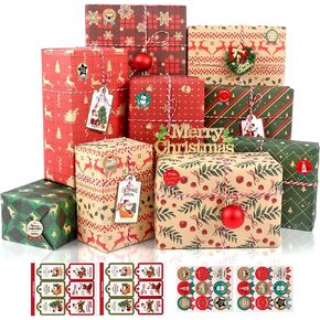 Christmas Wrapping Paper Set, 8 Sheets Recycled Kraft Gift Wrapping Paper Sheets, Santa Snowman Elk Merry Christmas Design, Wrapping Paper with Tags Stickers for Gift Wrapping, Holiday Decor, DIY, 70X50CM in Kuwait