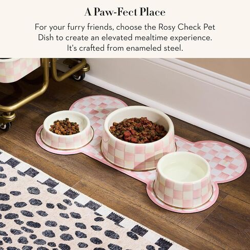 MACKENZIE-CHILDS Enamel Pet Bowl, Cute Cat and Dog Bowl for Food and Water, Medium, Brown-and-White Mocha Check in Saudi Arabia