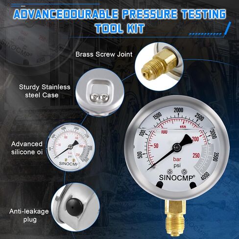 SINOCMP Hydraulic Pressure Test Kit 5 Gauges 5 Test Hoses 13 Couplings and 14 Tee Connectors Pressure Gauge Kit for CAT/CASE/John Deere Excavator Construction Machinery in Kuwait