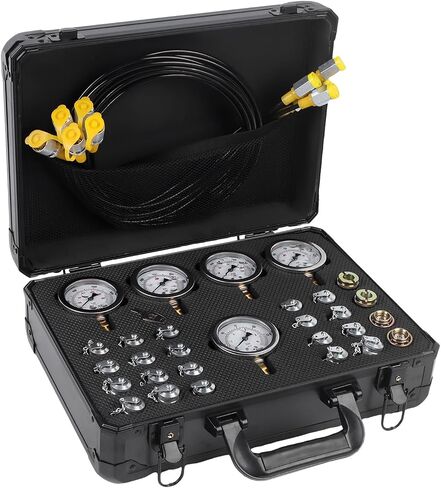 SINOCMP Hydraulic Pressure Test Kit 5 Gauges 5 Test Hoses 13 Couplings and 14 Tee Connectors Pressure Gauge Kit for CAT/CASE/John Deere Excavator Construction Machinery in Kuwait