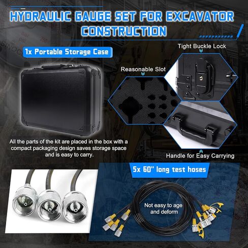 SINOCMP Hydraulic Pressure Test Kit 5 Gauges 5 Test Hoses 13 Couplings and 14 Tee Connectors Pressure Gauge Kit for CAT/CASE/John Deere Excavator Construction Machinery in Kuwait