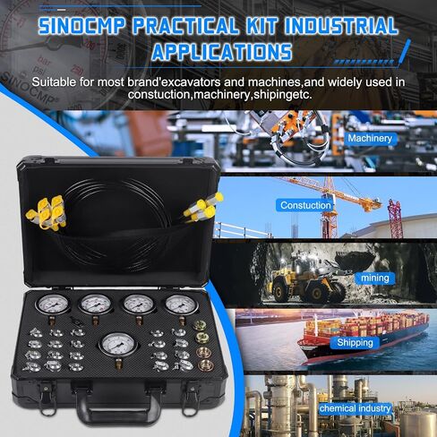 SINOCMP Hydraulic Pressure Test Kit 5 Gauges 5 Test Hoses 13 Couplings and 14 Tee Connectors Pressure Gauge Kit for CAT/CASE/John Deere Excavator Construction Machinery in Kuwait