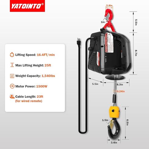 YATOINTO 3 في 1 رافعة كهربائية، ونش كهربائي محمول 1100 رطل مع سلك وجهاز تحكم عن بعد لاسلكي، رافعة رافعة كهربائية 110 فولت، حماية من الحمل الزائد، ارتفاع رفع 25 قدم للقطر in Kuwait