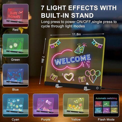 LED Note Board with 6 Colors, 11.8 X 7.9 4 Light Modes & Touch Control, Light Up Acrylic Dry Erase Board with Invisible Stand, 7 Markers, Message Board for Room, Office, Holiday Gift (Plug-in) in Saudi Arabia