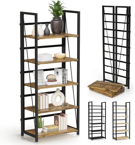 5 Tier Wood Book Shelf Organizer, No Assembly Bookshelf for Bedroom Living Room Office, Rustic Foldable Book Case, Tall Bookshelves, Open Book Shelves, Decorative Folding Shelf Display, Tall Bookcase in Saudi Arabia
