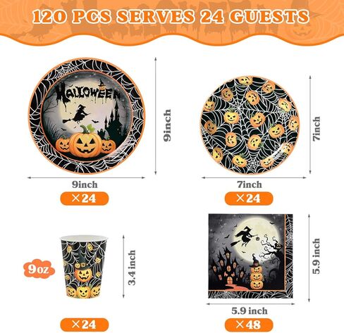 120 PCS Halloween Party Supplies تم تعيينه لـ 24 ضيفًا ، ولوحات متاح ، وأكواب ومناديل ، وفوانيس اليقطين ، والساحرة ، والقلعة والعنك العنكبوت للأطفال والكبار ديكورات الهالوين in Kuwait