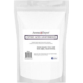 4 oz. Citric Acid - ANHYDROUS I Fine Granules I 100% Natural I Food Grade I Flavoring Agent I Non-GMO I FCC/USP I Grade A I for Cheese Making, Bath Bombs, Kosher, Cleaning, Bath Bomb & Soapmaking.