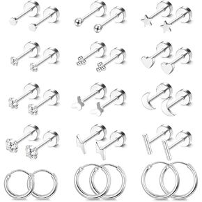 Jstyle Hypoallergenic Surgical Steel Earrings for Sensitive Ears 14K Gold Flat Back Stud Earrings for Women Men Small Stainless Steel Stud Hoop Screw Back Cartilage Earring Set for Multiple Piercing