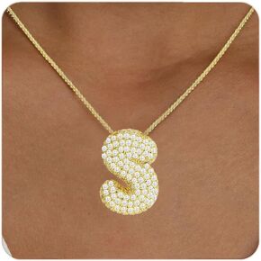 zocare Bubble Letter Necklace Gold, Balloon Initial Necklace for Women Chunky Letter Pendent Necklace for Women Girls Trendy Zircon Alphabet Necklace Birthday Gift for Her