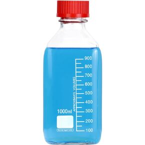 Pastein 4 Pack 1000 mL Graduated Square Reagent Media/Storage Glass Bottle With GL45 Red Polypropylene Screw Cap