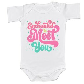Enchanted To Meet You Baby Onesie Pregnancy Announcement Reveal Gift Coming Home Bodysuit One Piece Romper (0-6 Months, Colorful Print-Short Sleeve Romper)
