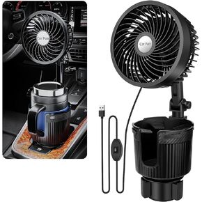 Car Fan, 2 in 1 USB Fan Car Cup Holder Expander with Adjustable Base, 6Inch 360 Degree Rotatable 2 Speed Portable Vehicle Cooling Fan for Car Vehicle, SUV, RV, Truck, Office, USB Powered