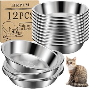 Cat Bowls,12Pcs Stainless Steel Cat Food Bowls,Replacement Whisker Fatigue Relief Cat Bowl,Shallow Cat Food Dish Bulk for Elevated Stand,Dishwasher Safe,for Small Dogs and Cats(5.5 Inch)