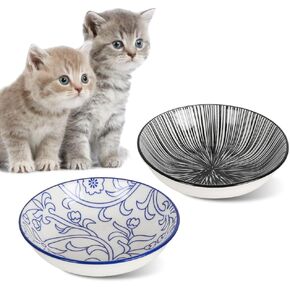 HAPPY KIT 2Pcs Wide Shallow Cat Bowls,8.5oz Colorful Plate Set with Non-Slip Mat,5.7 inch Indoor Ceramic Cats Dish/Dishes Relief of Whisker Fatigue - Microwave and Dishwasher Safe