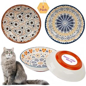 Whisker Fatigue Cat Bowl, 3PCS Ceramic Cat Bowls, 5.5 in Shallow Cat Food Dish, Cute Flat Cat Bowl, Small Wide Cat Plates for Indoor Cats with Silicone Bottom, Non-Slip and Quiet