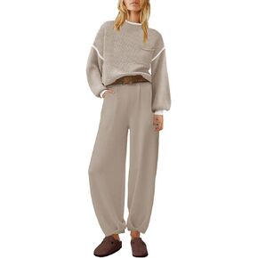 ETCYY Sweater Sets Women 2 Piece Outfits 2023 Trendy Lounge Sets with Long Sleeve Knit Tops and High Waisted Sweat Pants