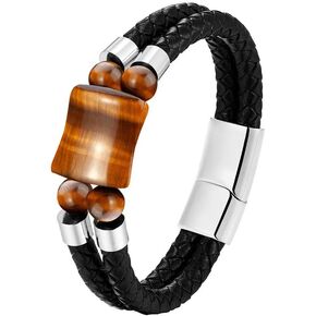 FYNSBLE Tiger Eye Leather Bracelet for Men,2 Layer Multi-Layer Braided Leather Bracelet With 5 Natural Tiger Eyes Gemstone 361L Stainless Steel Clasp Bracelet Men Leather Bracelet for Men