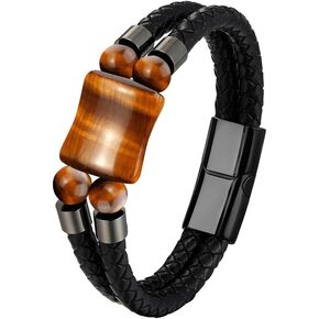 FYNSBLE Tiger Eye Leather Bracelet for Men,2 Layer Multi-Layer Braided Leather Bracelet With 5 Natural Tiger Eyes Gemstone 361L Stainless Steel Clasp Bracelet Men Leather Bracelet for Men