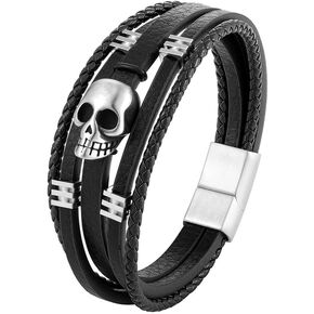 FYNSBLE Skull Leather Bracelet for Men,5 Layer Black丨Brown Genuine Leather Skull Skeleton Bracelet 361L Stainless Steel Clasp Punk Rock Multi-Layer Braided Bracelet Men Jewelry Gift for Men Father