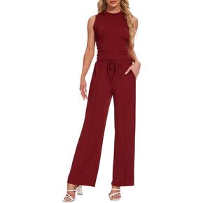 Tanou Women's Casual 2 Piece Outfits Crew Neck Sleeveless Top Elastic Waist Wide Leg Pants Ribbed Knitted Sets