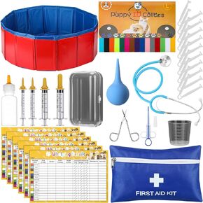 Arrowbash 57 Pcs Puppy Kitten Whelping Kit Include Whelping Pen for Dogs, 4 Puppy Feeding Tube, 15 Puppy Whelping Collars, 6 Record Keeping Charts, 15 Cord Clamps and Other Dogs Cats Birthing Supplies