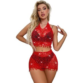Walang Lip Women Lingerie Tassel Fishnet Set Chemise Babydolls Mini Dress Bodysuit Sparkle Rhinestone Sexy Teddy