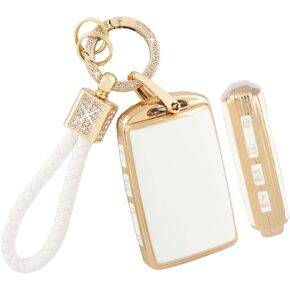 PIFOOG Key Fob Cover for Chevy Chevrolet GMC Yukon Tahoe Suburban 1500 2021-2023 Accessories 6 Buttons Car Key Case Shell Keychain Bling Protector Girly Women White Gold TPU