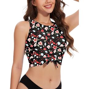 WOWENY Front Knot Bikini Crop Tops for Women Swim Tank Tops Padded High Neck Tankini Top Bathing Suit Swimsuit Top Only