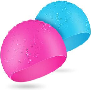 Swim Cap Kids, 2 Pack Durable Silicone Swimming Caps for Kids Youths, 3D Ergonomic Design Fit for Children and Teens (Age 3-8), Comfortable Fit for Long Hair & Short Hair