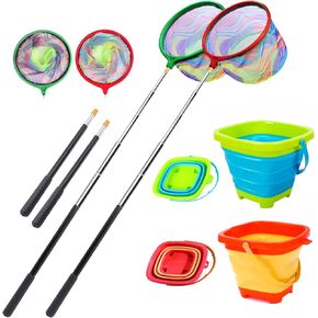 2PCS Fishing Net with Bucket, Telescopic Fishing Landing Net with Handle for Kids, Collapsible Kids Sand Bucket, Kids Fishing Net Butterfly Net for Freshwater Saltwater Outdoor Playing