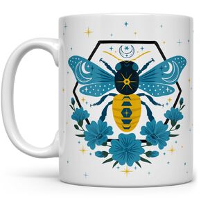 Celestial Bee Ceramic Coffee Mug, Floral Moon Stars Tea Cup, Gift for Women Men Friend Coworker (15oz)