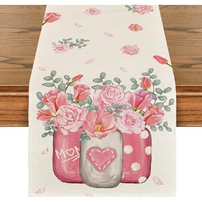 Artoid Mode Tulips Carnations Flower Vase Eucalyptus Mother's Day Table Runner, Kitchen Dining Table Decoration for Home Party Decor 13x72 Inch