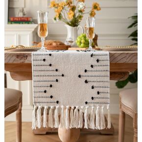 Caflife Boho Table Runner 13 x 48 Inch Long Natural Cotton Woven Runner with Tassels for Home Dining Table décor, for Modern Farmhouse Decor Coffee Table Runner, Black and Beige