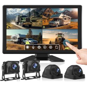 BUTOA-X 10.1" 1080P Wired Backup Camera System Kit, Color Night Vision Touch Screen DVR Recording Waterproof 4 Split Screen Rear Side View Camera for Truck RV Trailer Semi Box Truck Bus